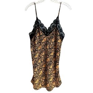 Sedu Gold Black Print Short Nightgown with Black Lace Trim Size Medium